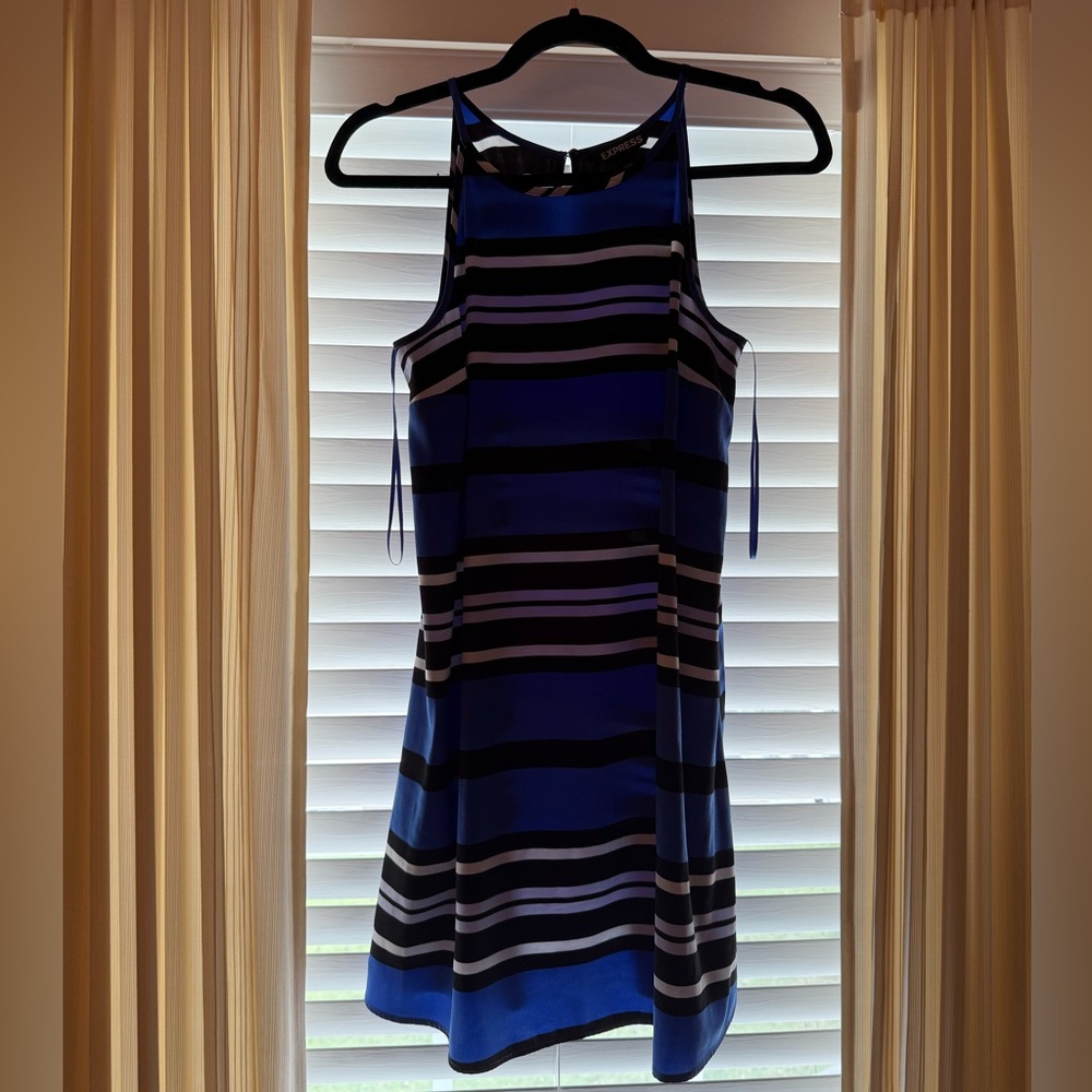 Express Vibrant Blue, Black & White Striped Shift Dress